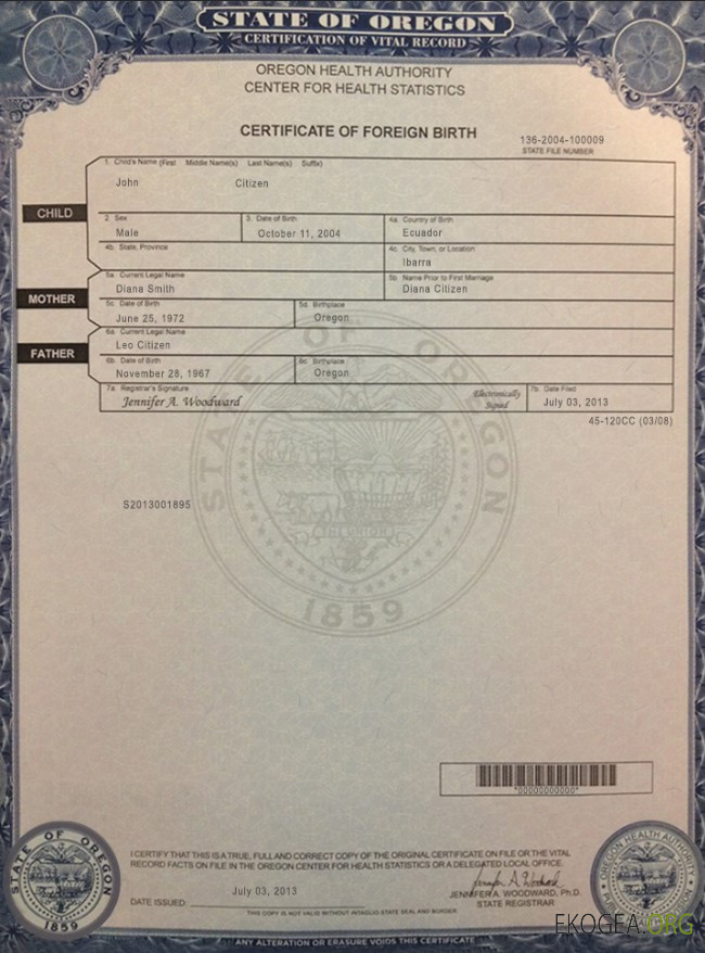 Acte de naissance aux États Unis, Oregon